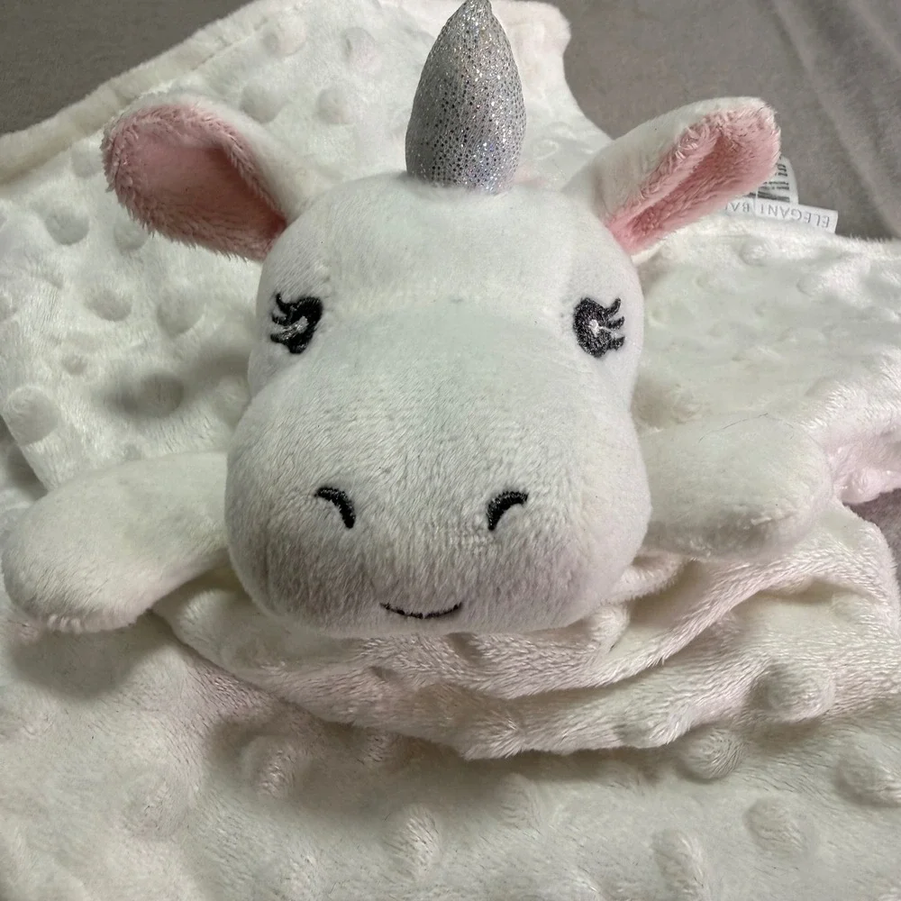 Elegant Baby Unicorn White Pink Minky Dot Security Blanket Lovey Satin Bottom